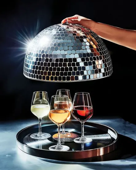 A hand lifting a mirrorball cloche over a tray of wine glasses